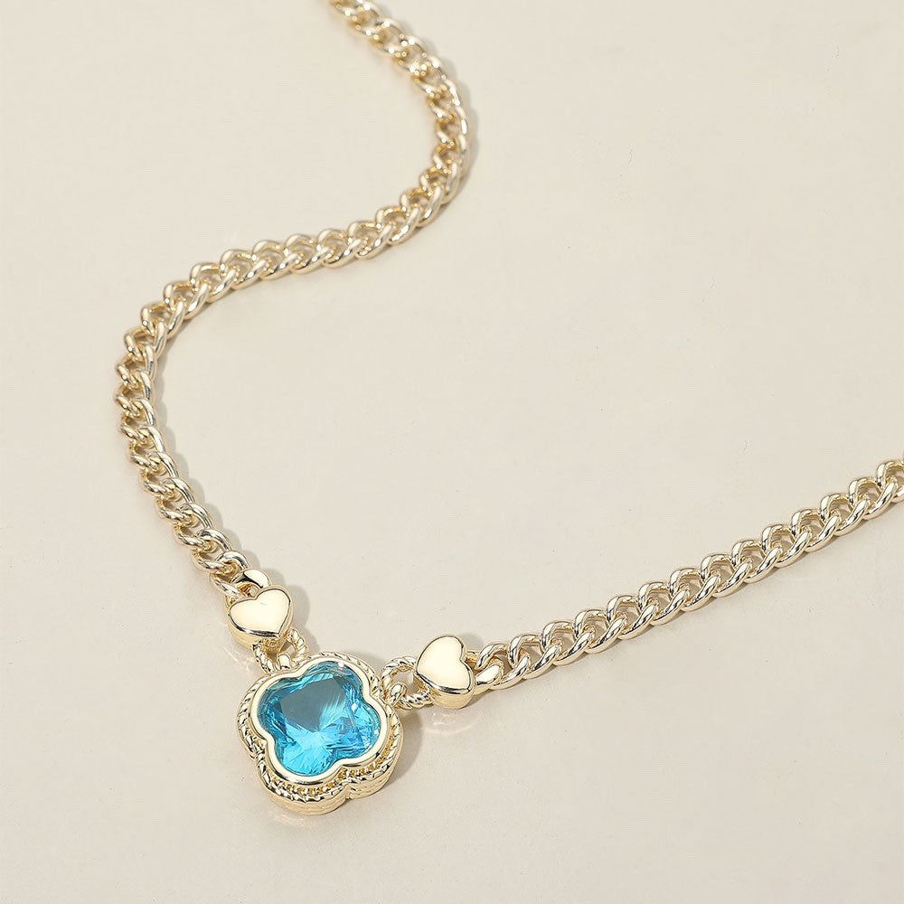Aqua Clover Crystal Heart Charm Necklace - Gold Tone Fashion Jewelry