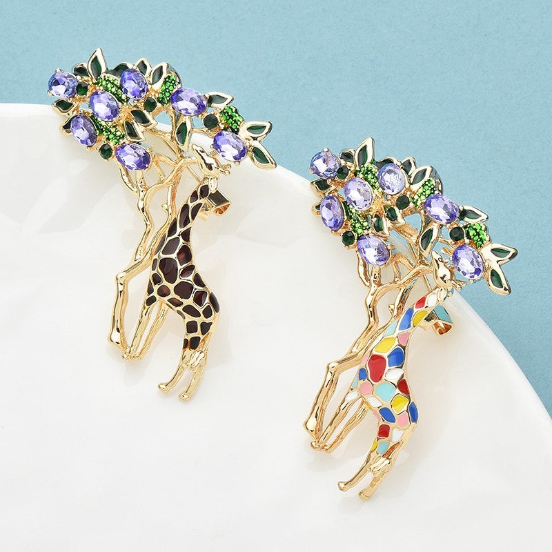 2pcs Giraffe Brooch Pin Colorful Enamel Crystal Animal Jewelry Safari Gift Set