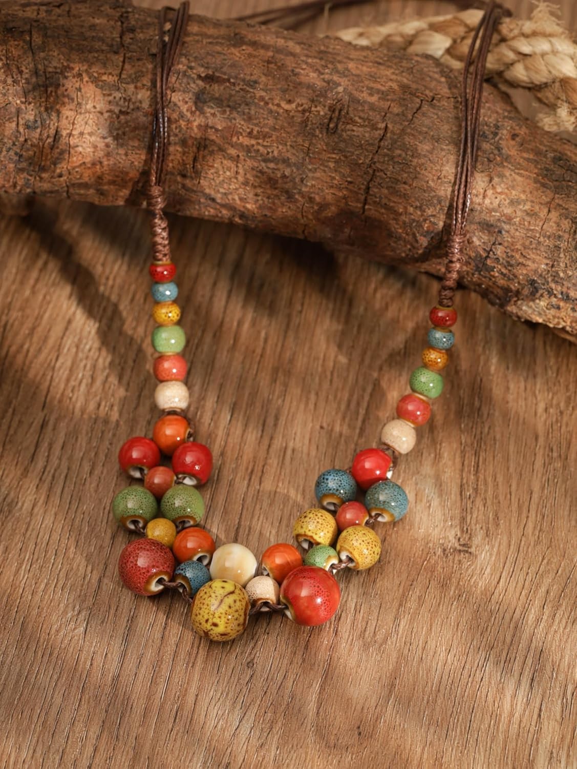2pc Handmade Ceramic Beaded Necklace Set Boho Artisan Pottery Jewelry Gift