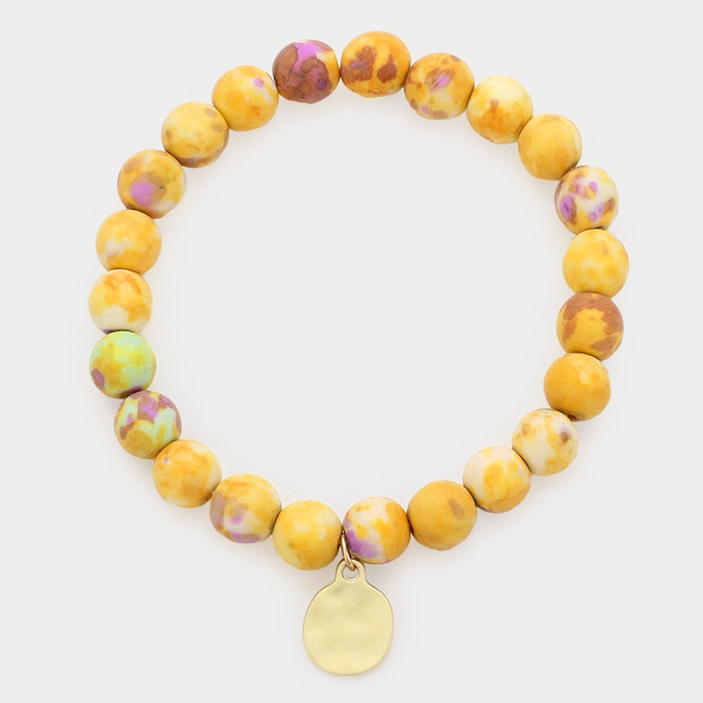 2 Pcs Women's Natural Jasper Stone Ball Beaded Hammered Charm Stretch Bracelet