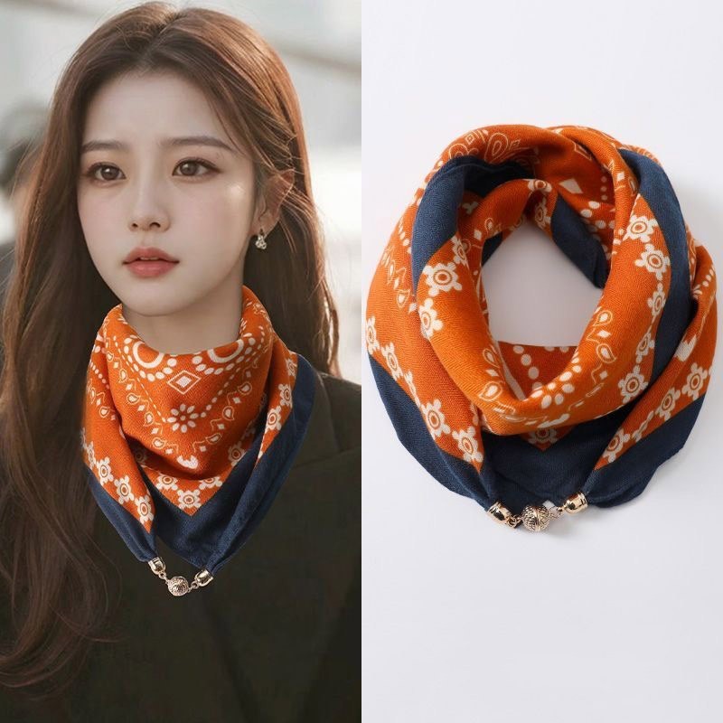 Women’s Floral and Solid Bandana Scarf Orange Blue Neck Kerchief for Ladies