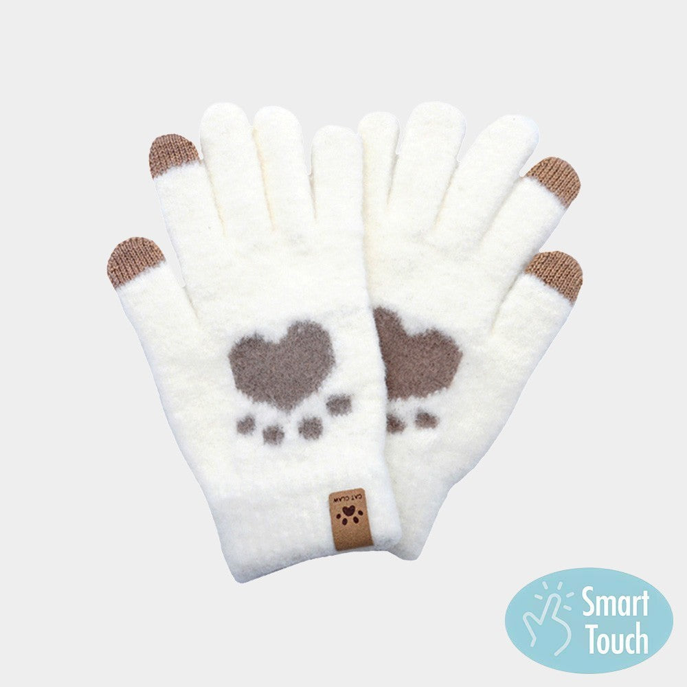 Cat Paw Heart Fuzzy Winter Gloves with Touchscreen Fingers for Women Men