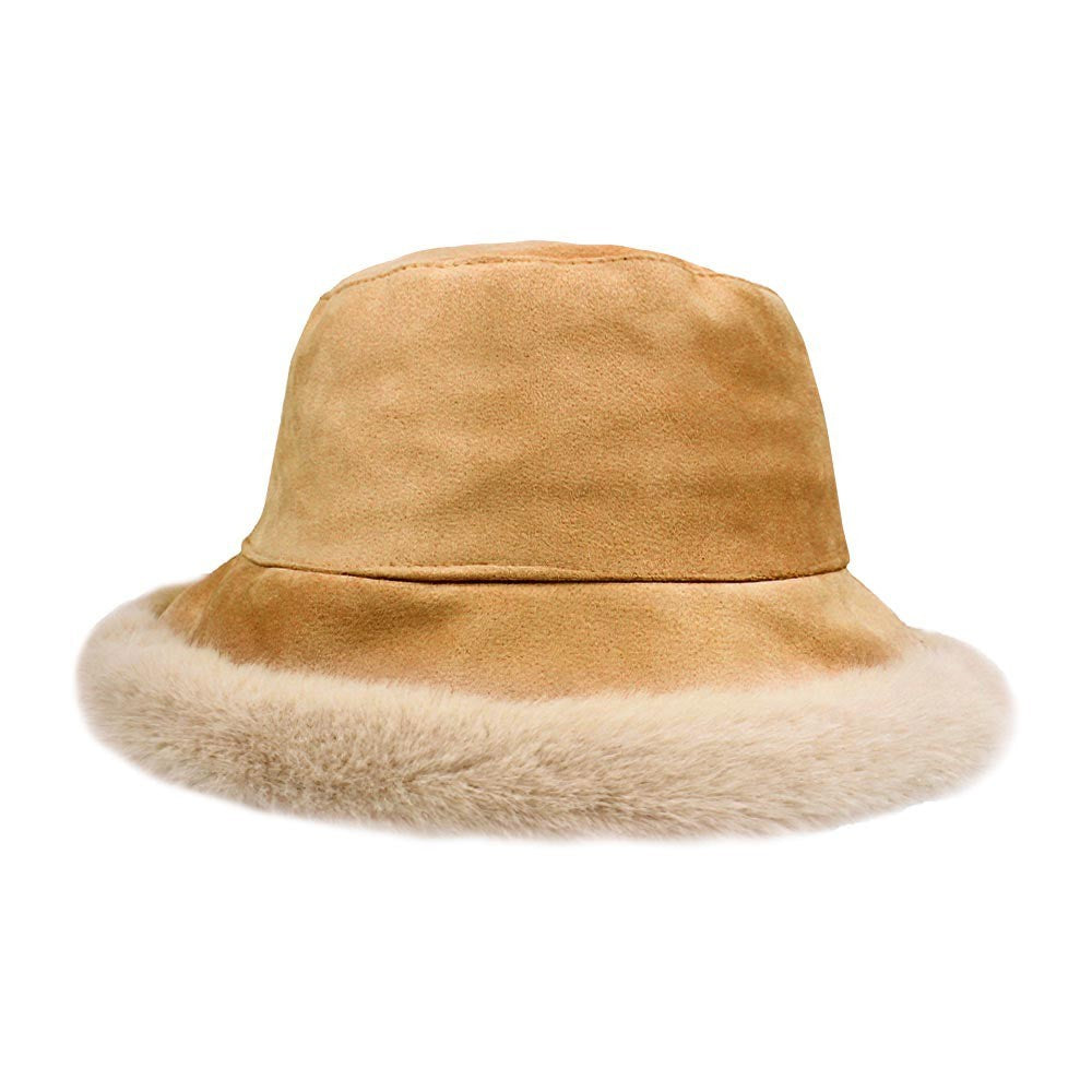 Solid Faux Suede Plush Bucket Hat Warm Winter Fashion Cap with Faux Fur Trim