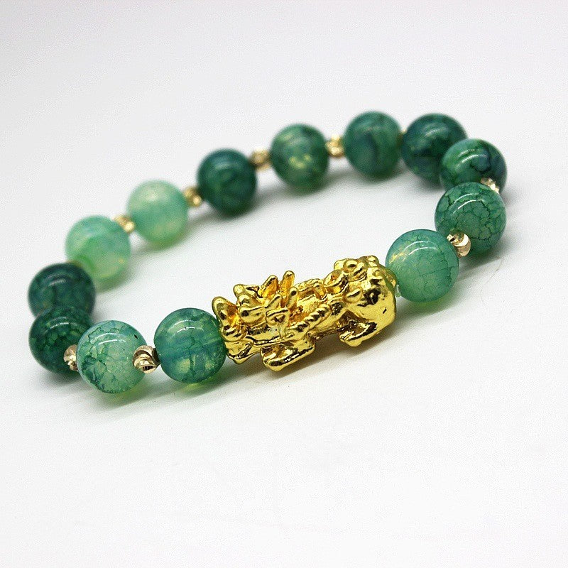 Golden Pixiu Green Agate Beaded Bracelet Charm Feng Shui Jewelry 10mm