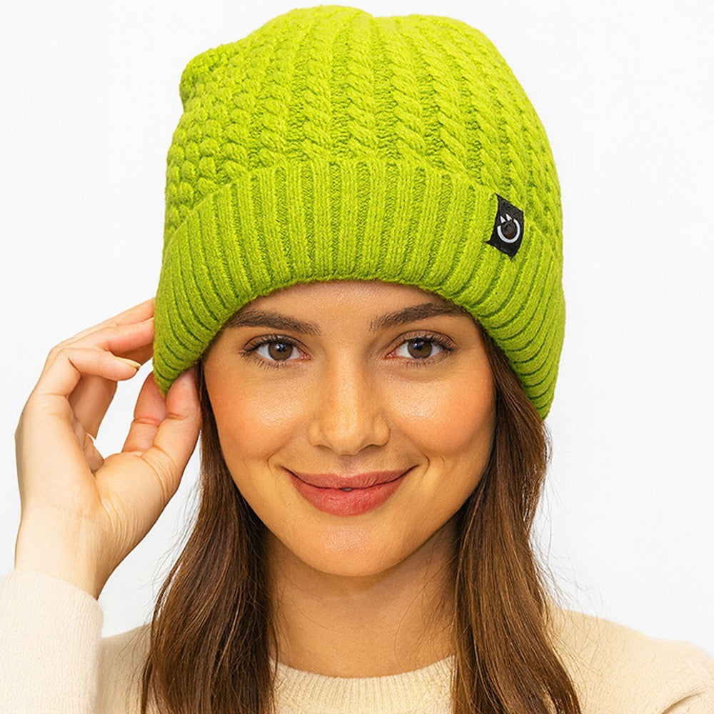 Bright Lime Green Cable Knit Beanie Hat Womens Winter Ski Cap Slouchy Cuff