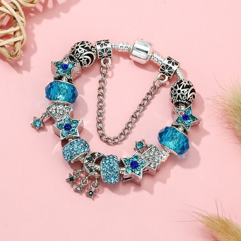 Blue Crystal Star Moon Celestial Charm Bracelet Modular Bead System Jewelry Gift