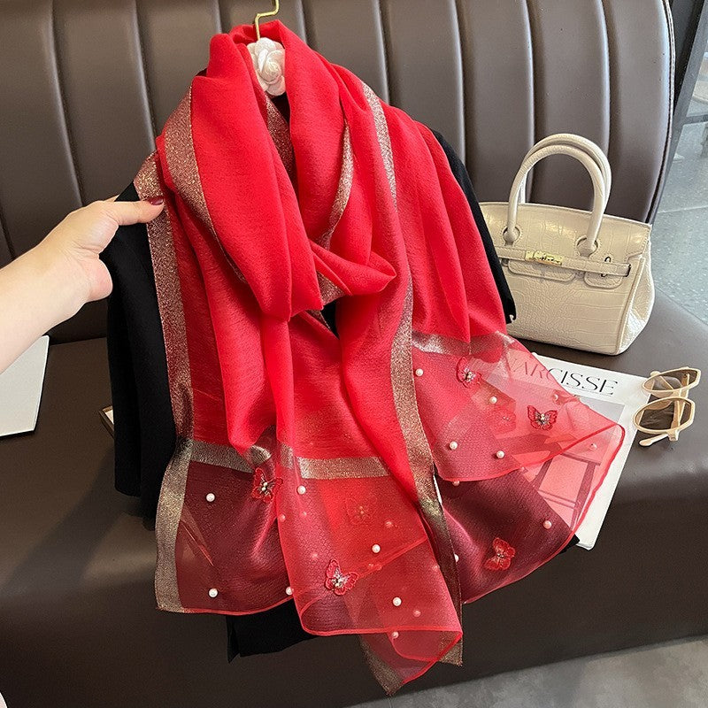 Red Butterfly Pearl Scarf  Silk Wool Blend Sheer Wrap Shawl