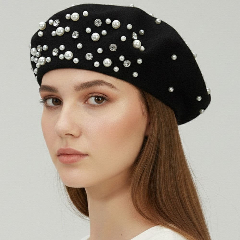 Chic Black Wool Acrylic Beret Faux Pearl Rhinestone French Artist Hat One Size