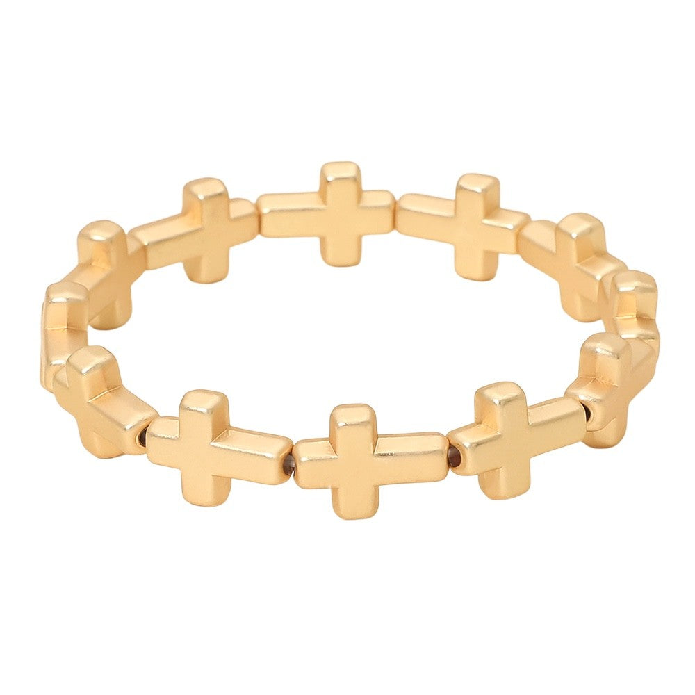 Gold Horizontal Cross Religious Faith Statement Minimalist Stretch Bracelet