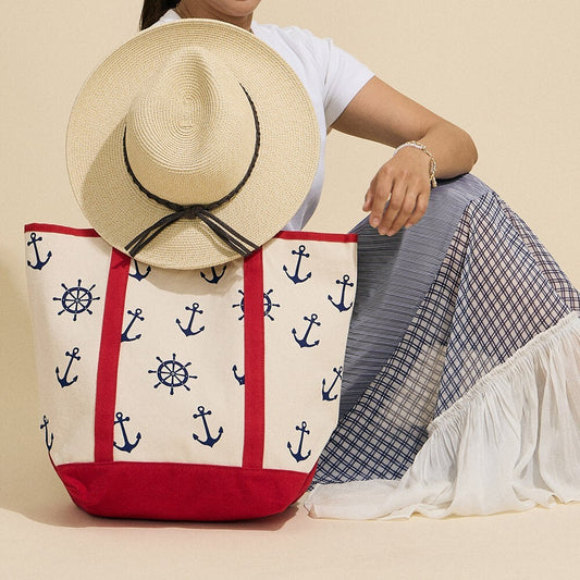 Anchor Wheel Printed Canvas Tote Bag Nautical Beach Travel Shoulder Handbag