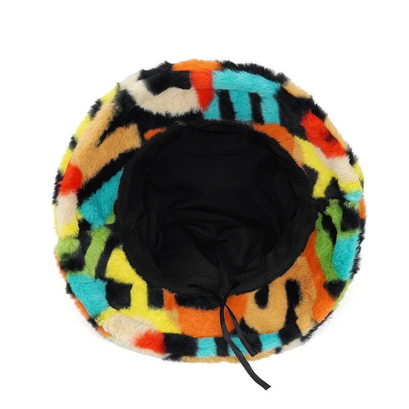 Funky Faux Fur Bucket Hat Colorful Abstract Patchwork Fuzzy Winter Cap