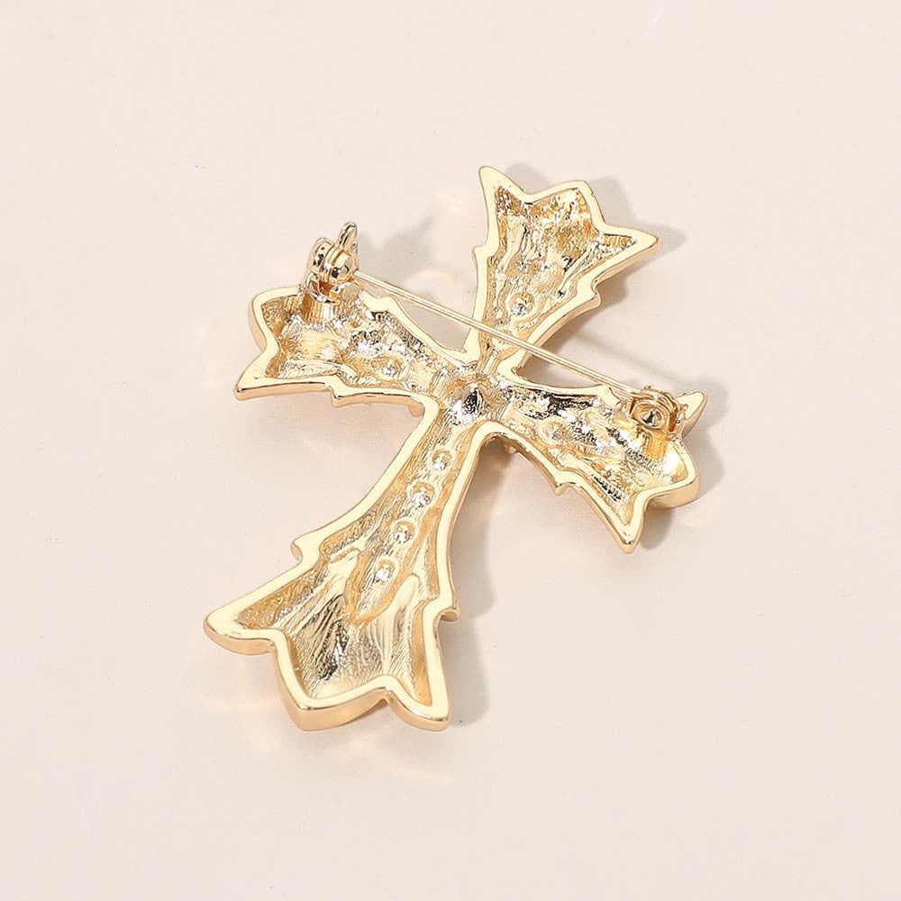 Gold Gothic Ornate Cross Brooch with Sparkling Crystal Rhinestone Accents