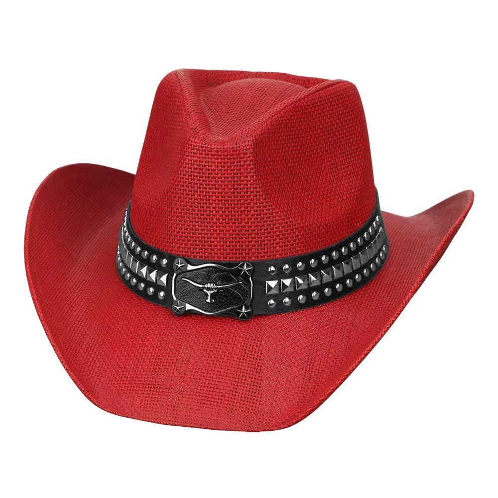 Western Cowboy Straw Hat Red Metal Steer Head Buckle Studded Faux Leather Band