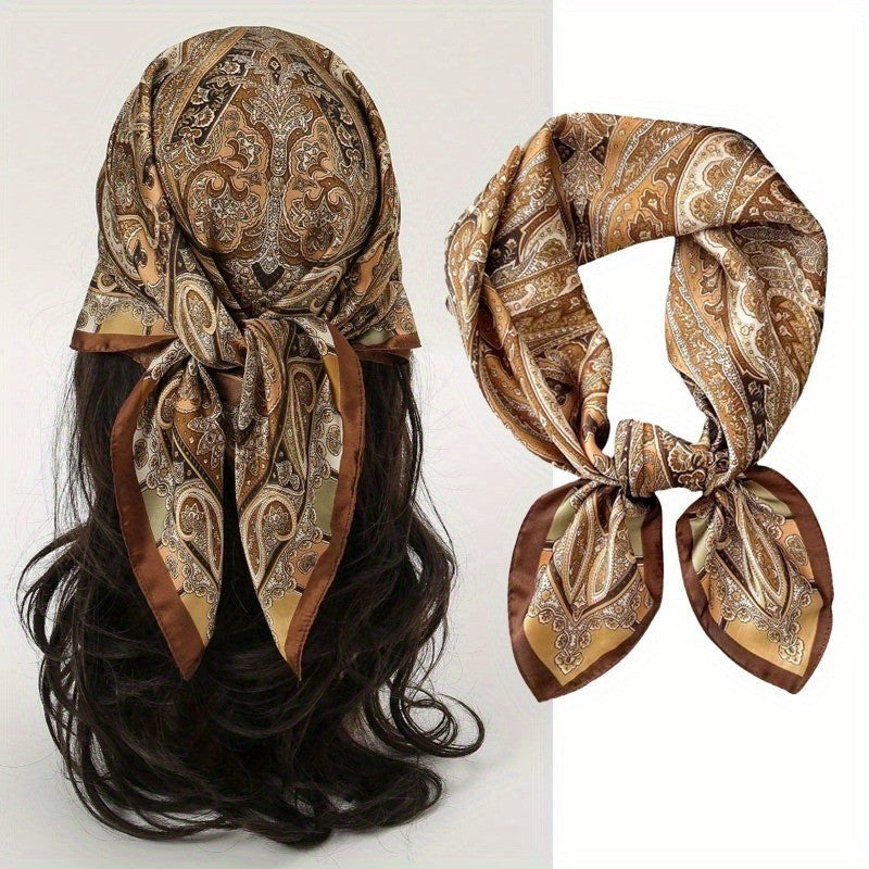 Women's Paisley Print Square Scarf Silky Feel Satin Head & Neck Scarf Brown Gold