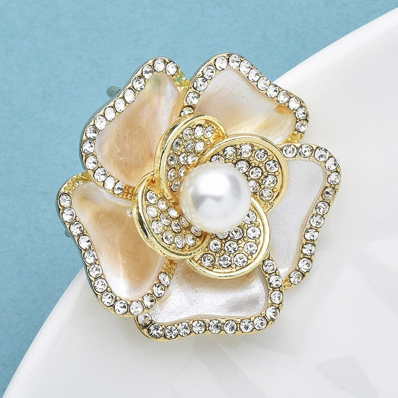 2pcs Flower Brooch Rhinestone Pearl Gold Tone Enamel Floral Pin Set