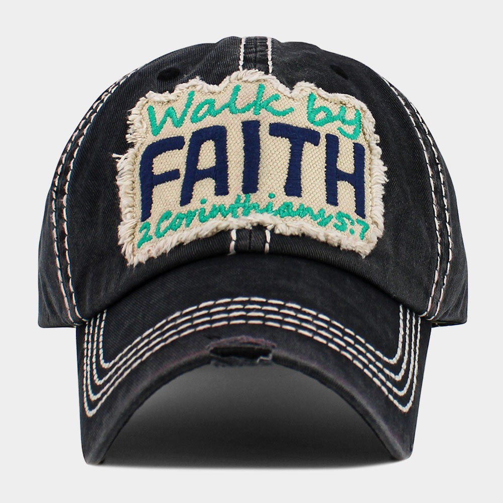 Walk By Faith 2 Corinthians 5:7 Distressed Black Baseball Cap Hat Christian Gift