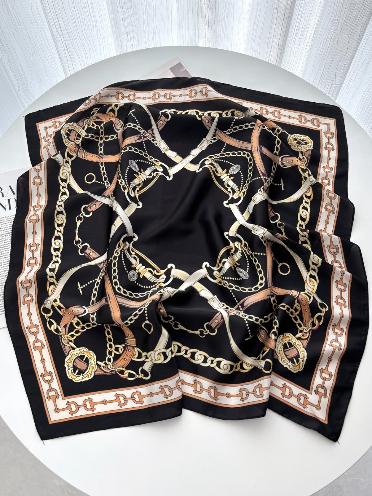 Black Gold Equestrian Chain Print Scarf Silk Feel Square 27.5 inch Bandana