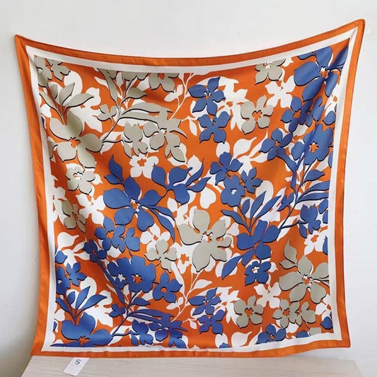 Orange Blue Floral Print Silk Feel Square Scarf - Vibrant Spring Neck Accessory