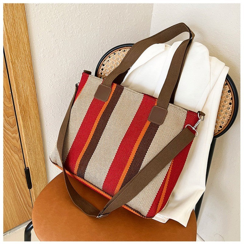 Women's Striped Canvas Tote Bag with Crossbody Strap – Beach Travel Shoulder Bag
