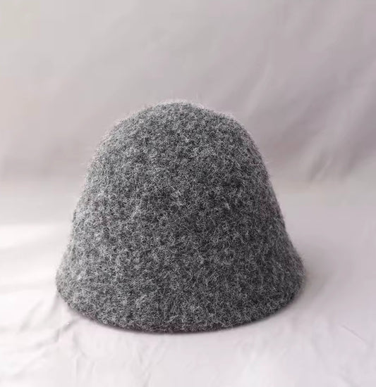 Grey Fuzzy Wool Blend Bucket Hat Winter Cloche Soft Knit 90s Vintage Style