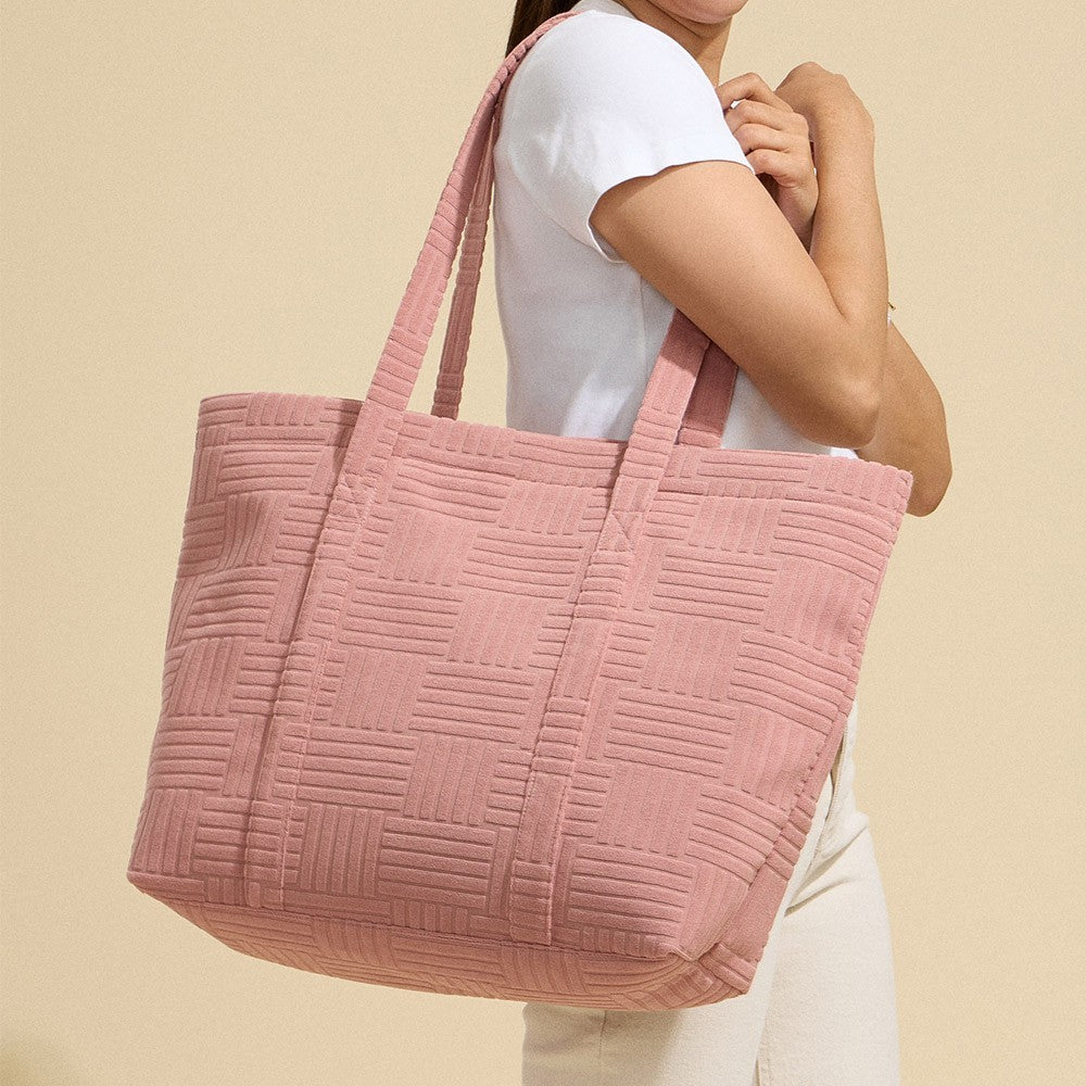 Pink Quilted Tote Bag Women's Large Shoulder Basket Weave Plush Texture