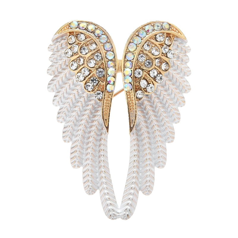 Crystal Angel Wings Brooch Gold Tone White Feather Pin Holy Guardian Jewelry
