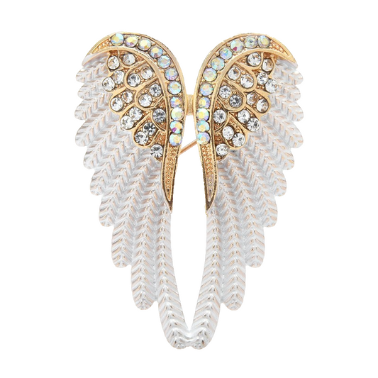 Crystal Angel Wings Brooch Gold Tone White Feather Pin Holy Guardian Jewelry