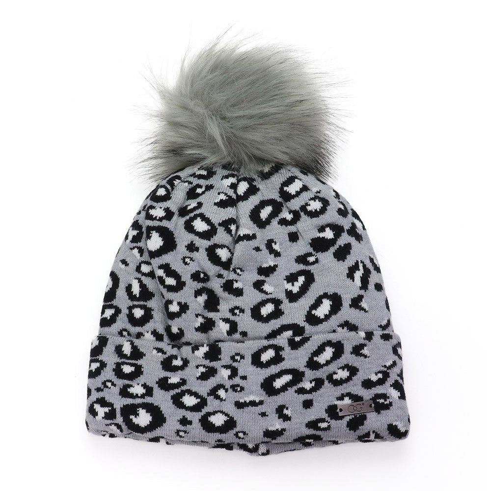 Grey Leopard Print Knit Beanie Hat with Grey Faux Fur Pom Pom Trendy Winter Ca
