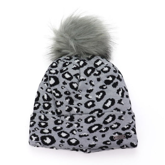 Grey Leopard Print Knit Beanie Hat with Grey Faux Fur Pom Pom Trendy Winter Ca