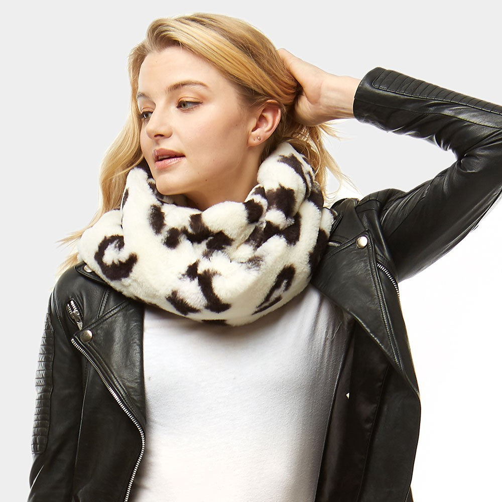 Faux Fur Infinity Scarf Ivory Leopard Print Winter Neck Warmer Soft Plush Cowl