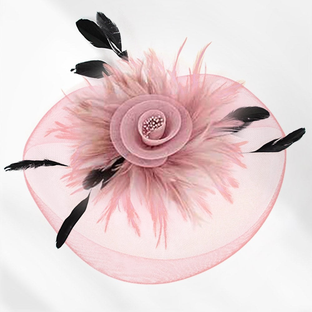 2pc Pink Mesh Rose Fascinator Hat Headband and Hair Clip Tea Party Accessory