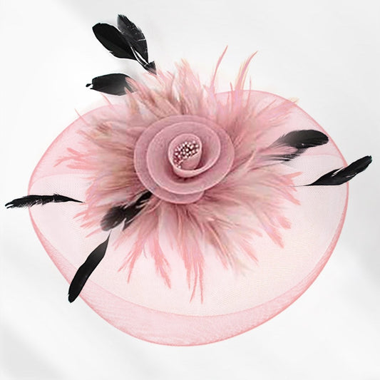 2pc Pink Mesh Rose Fascinator Hat Headband and Hair Clip Tea Party Accessory
