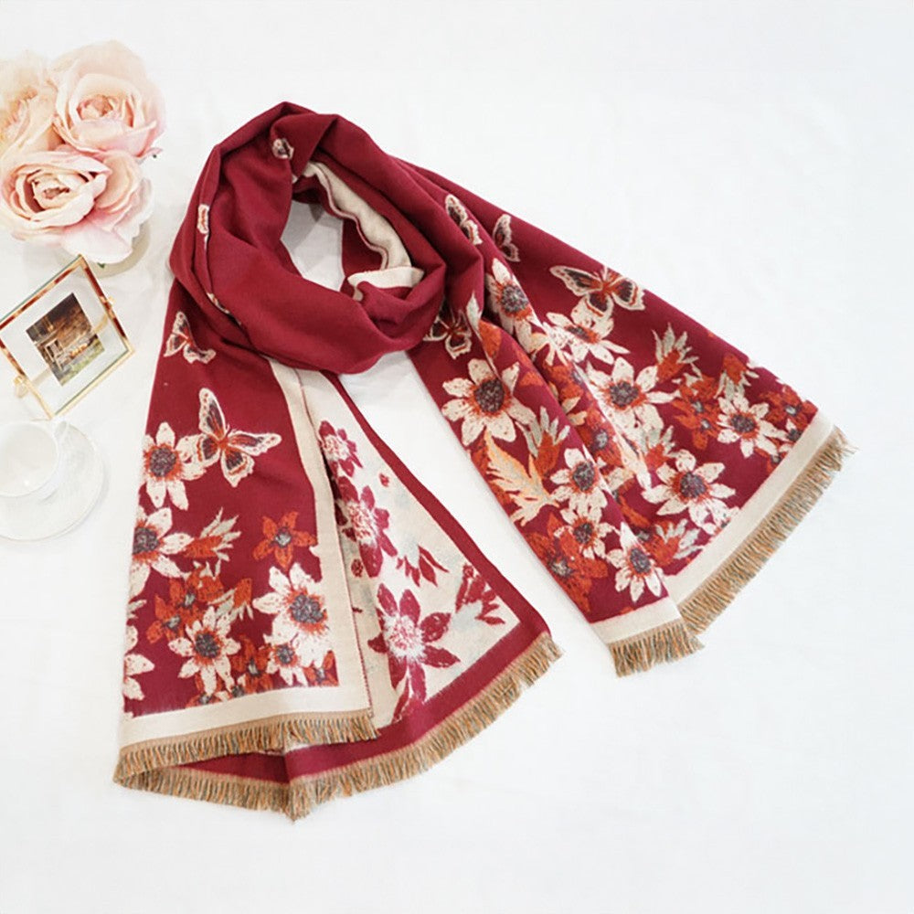 Soft Burgundy Cashmere Feel Scarf Floral Print Oversized Winter Wrap for Women
