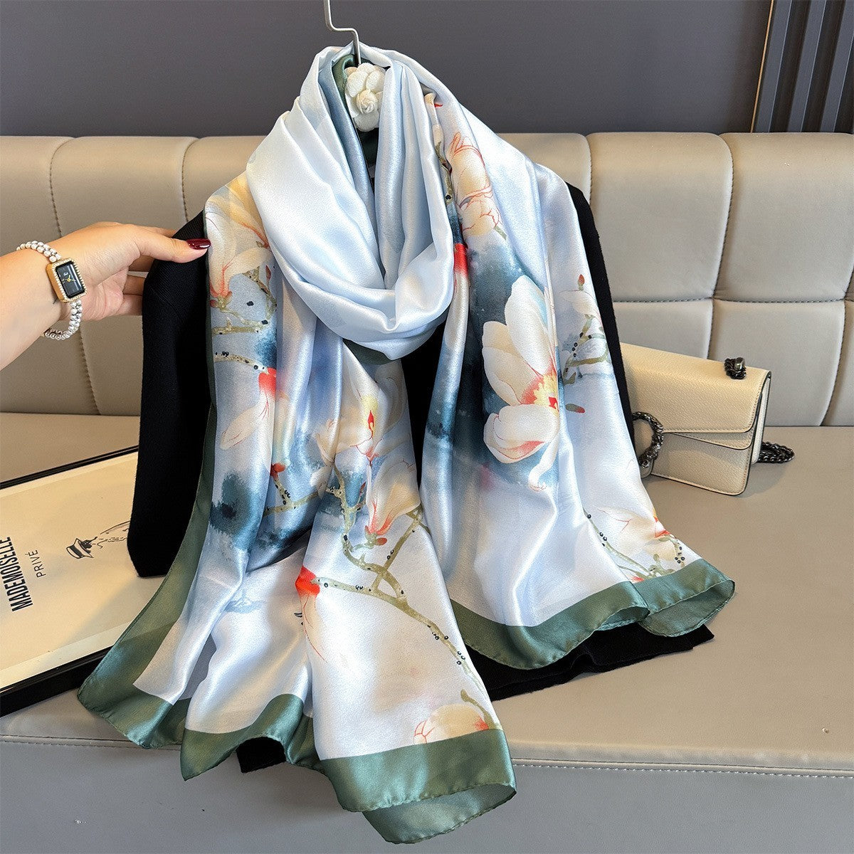 Floral Satin Scarf Blue Green Magnolia Print Large Shawl Wrap