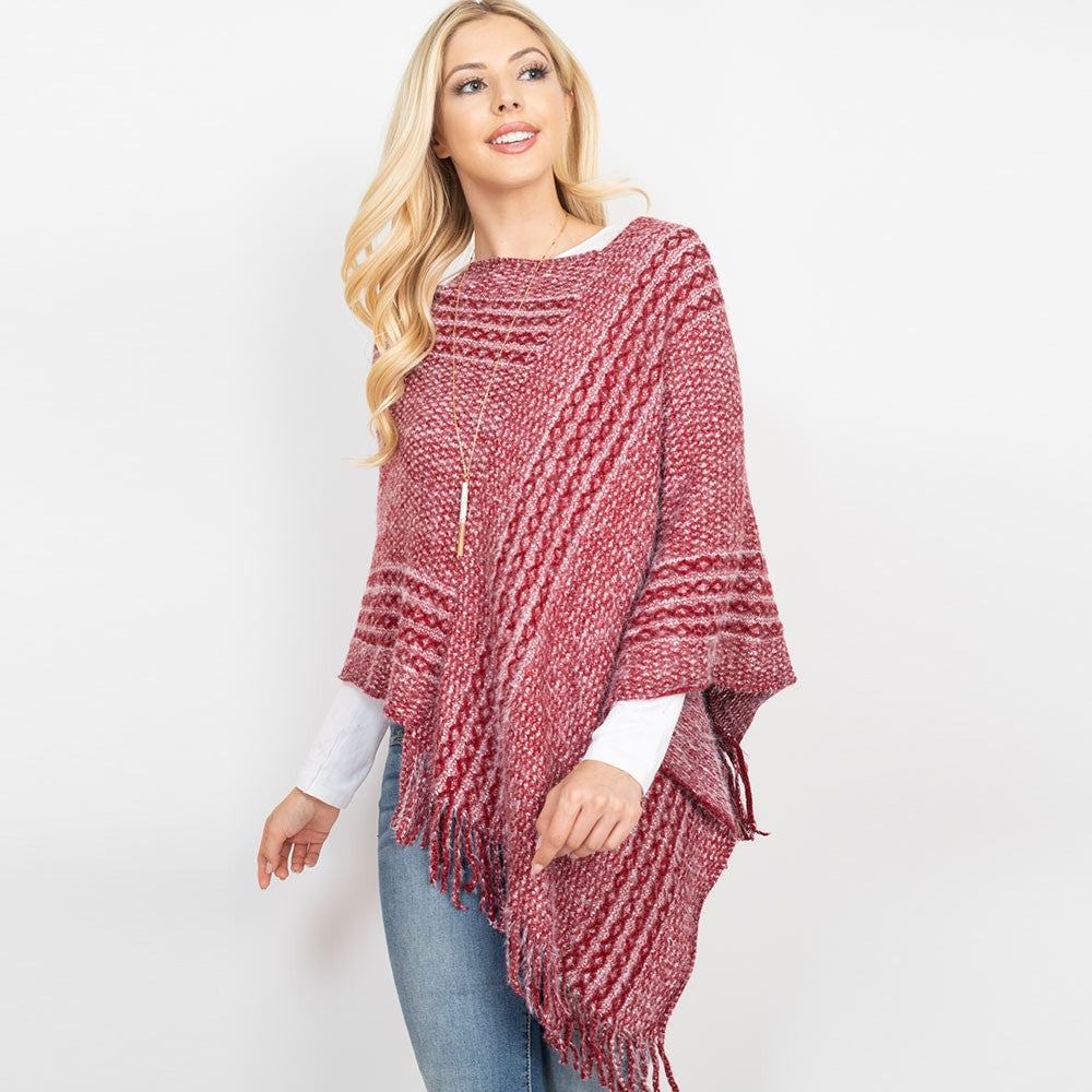 Boho Red White Striped Knit Poncho Sweater Shawl Cape Fringe Hem One Size Fall