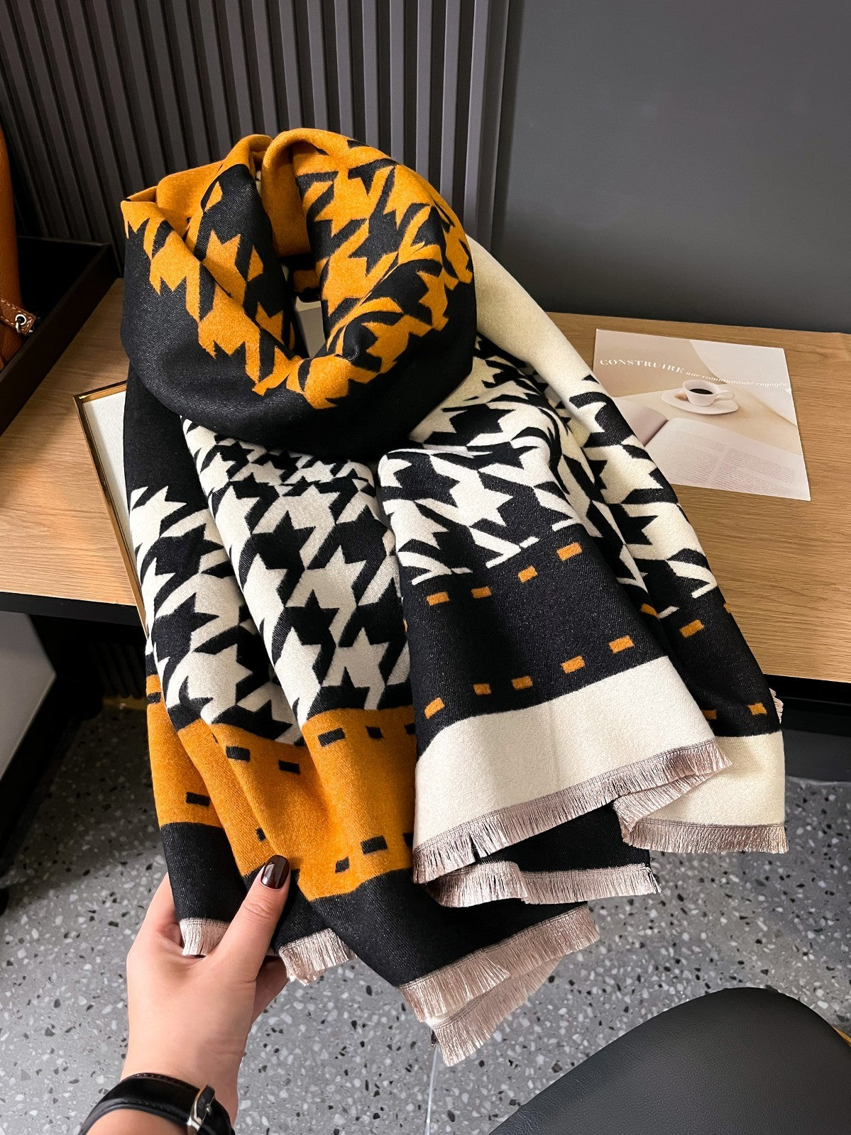 Elegant Houndstooth Winter Shawl for Women - Oversized Blanket Scarf