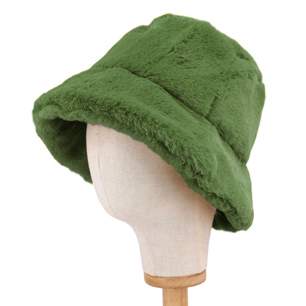 Cozy Green Faux Fur Bucket Hat One Size Winter Fashion Accessory Warm Hats Gift