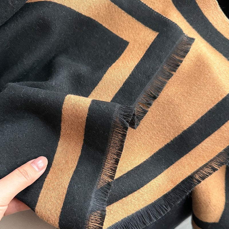 Black & Brown Striped Shawl Women’s Winter Warm Scarf Wrap with Fringed Edges