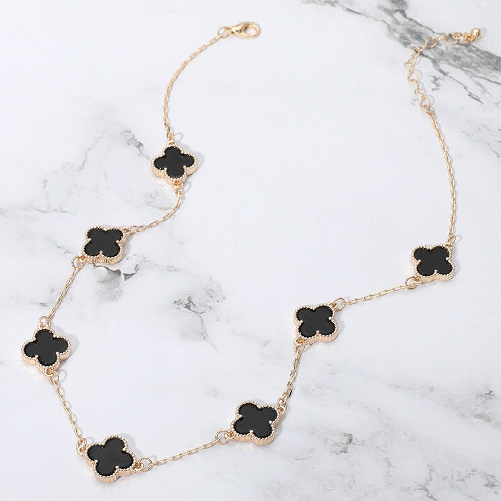 Gold Quatrefoil Black Stone Station Necklace for Women Jewelry Chain Necklaces