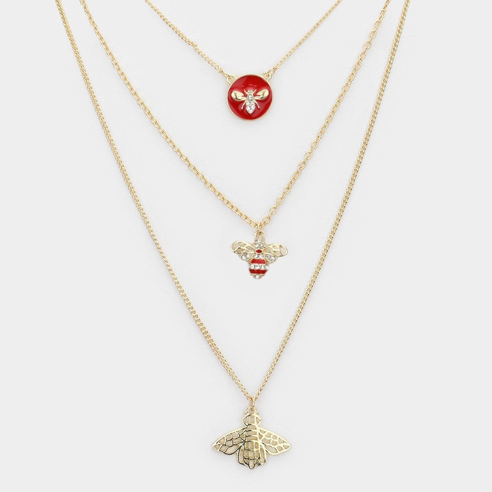 Gold Bee Triple Layered Necklace Set - Red Enamel & Crystal Insect Jewelry