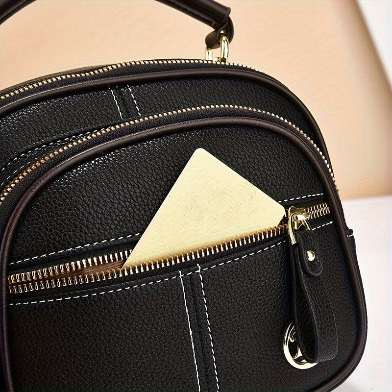 Black Crossbody Handbag Triple Zip Wide Strap Faux Leather Gold Hardware Women