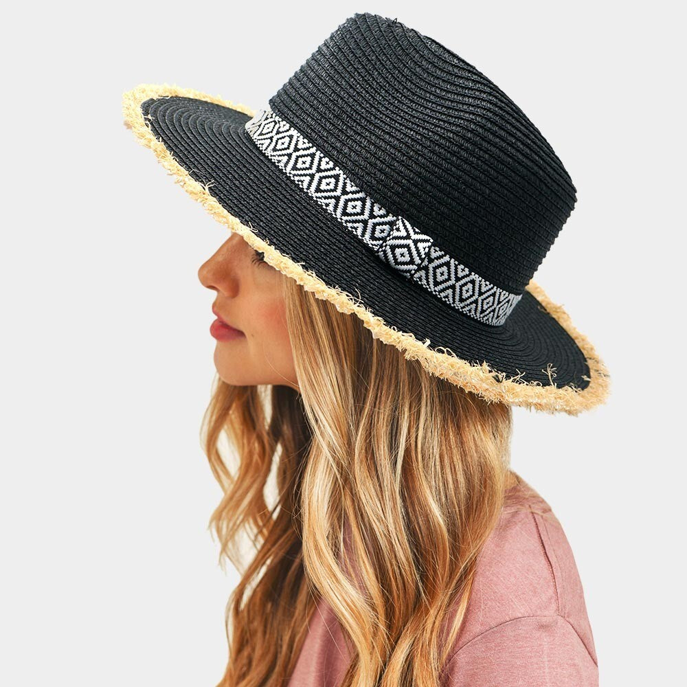Frayed Trim Aztec Straw Hat for Women Summer Boho Style Beach Sun Hat