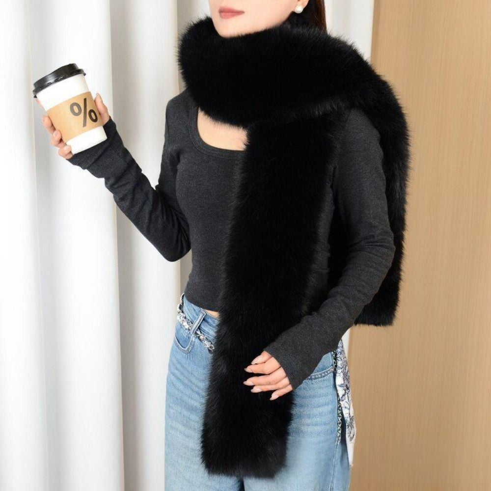 Black Faux Fur Scarf Long Plush Winter Neck Warmer Elegant Evening Stole