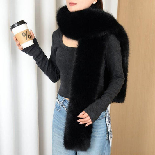 Black Faux Fur Scarf Long Plush Winter Neck Warmer Elegant Evening Stole
