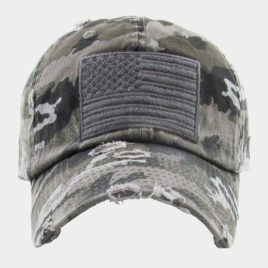 American Flag Gray Camouflage Distressed Patch Embroidered Baseball Cap