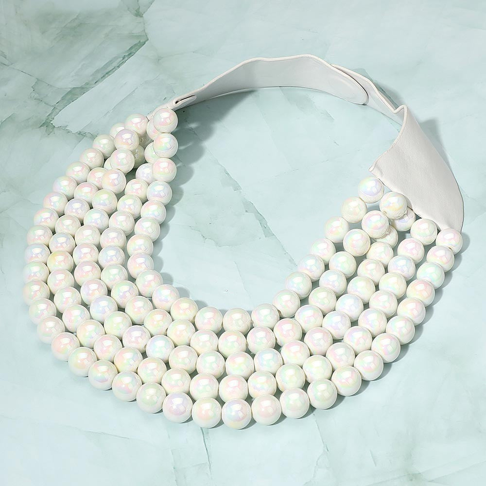 Multi-Strand White Beaded Statement Necklace Magnetic Clasp 17.5" Layered Bold