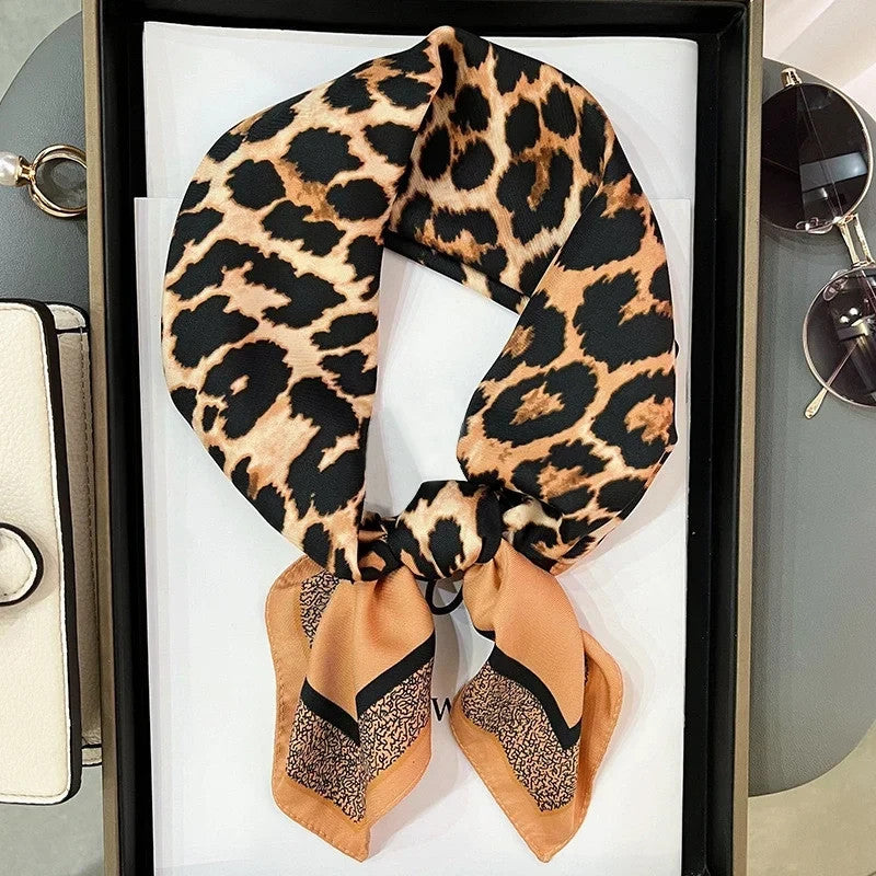 70cm Leopard Print Imitation Silk Scarf for Women – Animal Print Wraps for Lady