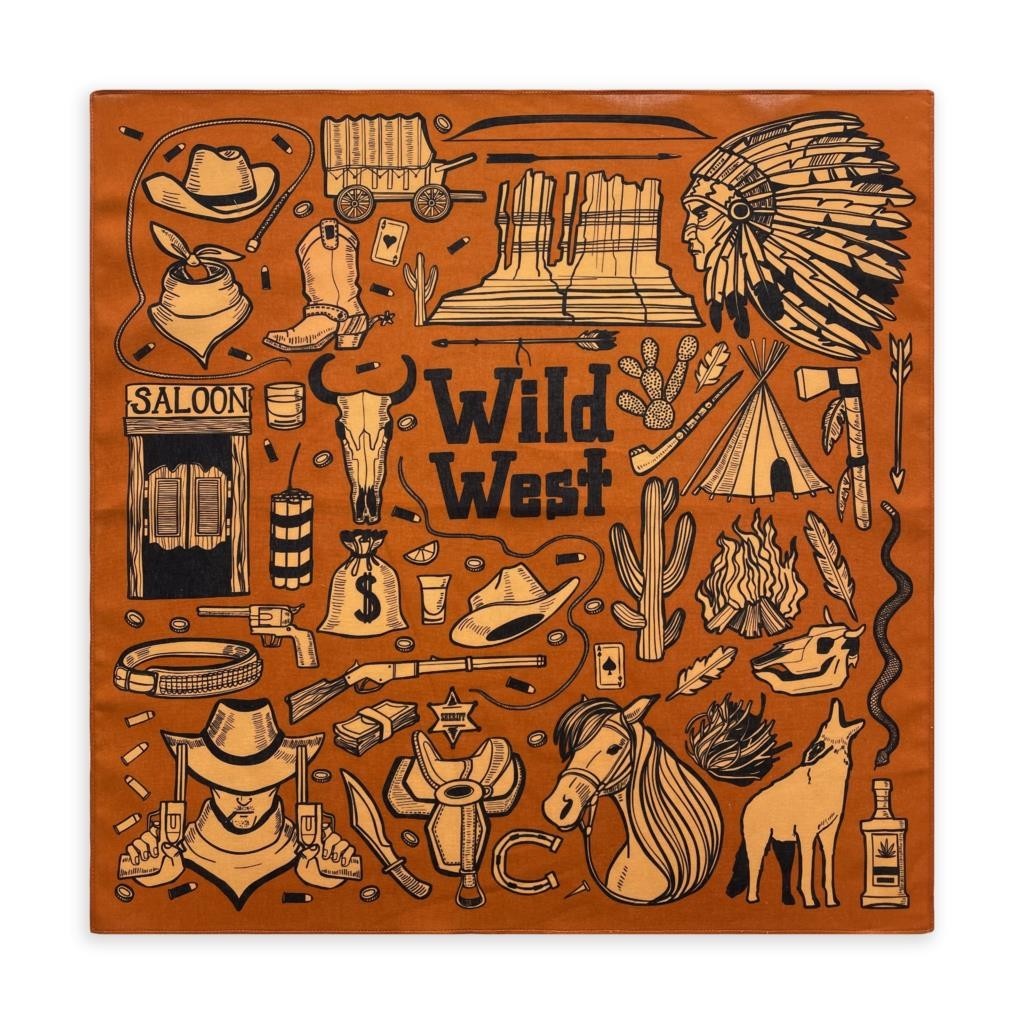 Wild West Cowboy Print 100% Cotton Bandana 21.65 in Square Scarf Camping