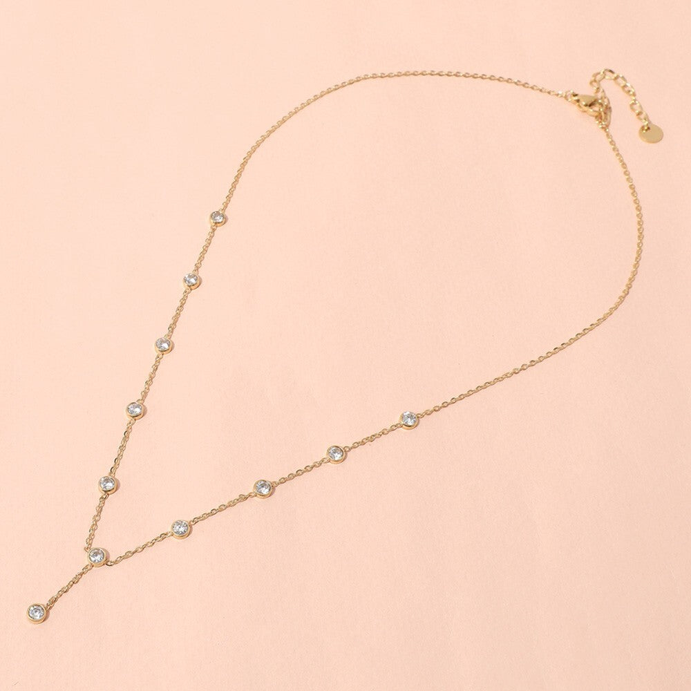 Gold Tone CZ Bezel Station Necklace with Dangling Pendant Women’s Jewelry Gift