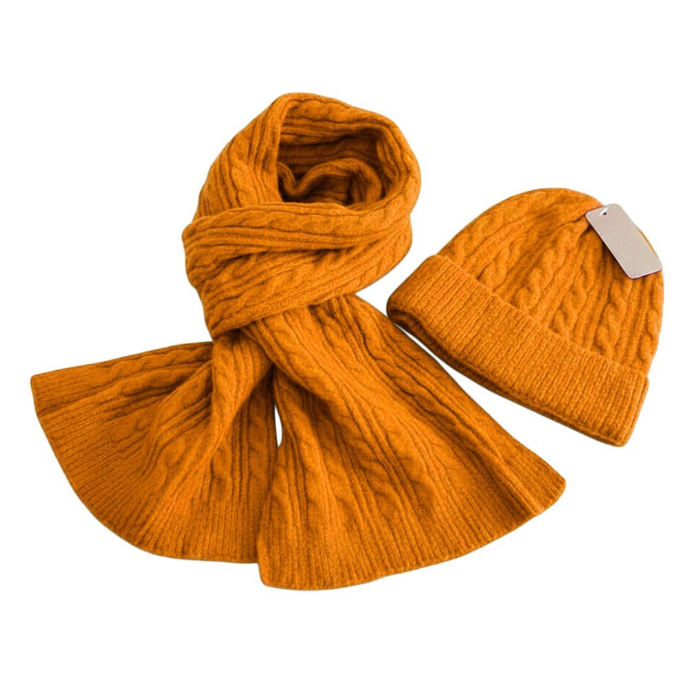 Cozy Cable Knit Scarf Beanie Set Winter Hat Warm Acrylic Polyester Orange